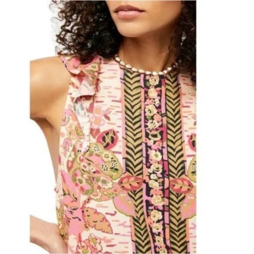 FREE PEOPLE SUMMER IN TULUM LINEN BLEND TUNIC PEBLUM PINK FLORAL mini dress/TOP - Picture 3 of 16